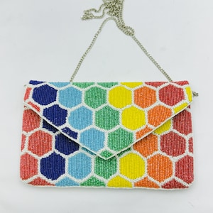 Handmade Beaded Floral Clutch: Spring Wedding Purse with Gold Chain