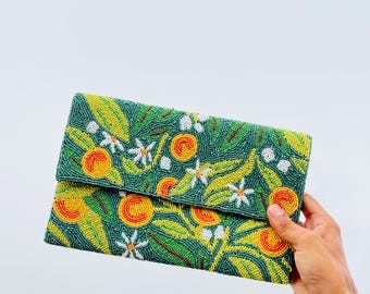 Handmade Beaded Floral Clutch: Green Summer Purse with Gold Chain