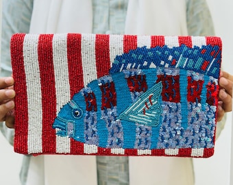 Handmade Beaded Fish Clutch, Artistic Beaded Statement Purse,Red White ,Uniqe Evening Bag