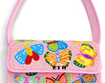 Pink Butterfly Beaded shoulder Bag,Handmade Baeded Purse, Handbag For Women Statement handbag