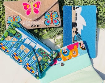 Handmade Envelope Clutch Bag For Women,Butterfly Wallet Purse,Colorful Hand Painted Evening Clutch,
