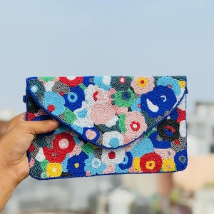 Colorful Beaded Floral Clutch: Handmade Crossbody Evening Bag