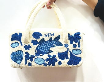 Handmade Beaded Mini Handbag Blue and White Beaded Purse, Artistic, Tote bag Statement summer ,