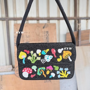 Handmade Beaded Mushroom Shoulder Bag| Black Purse,Whimsical Cottagecore Statement Bag Fashoin Accessory,Artisan .