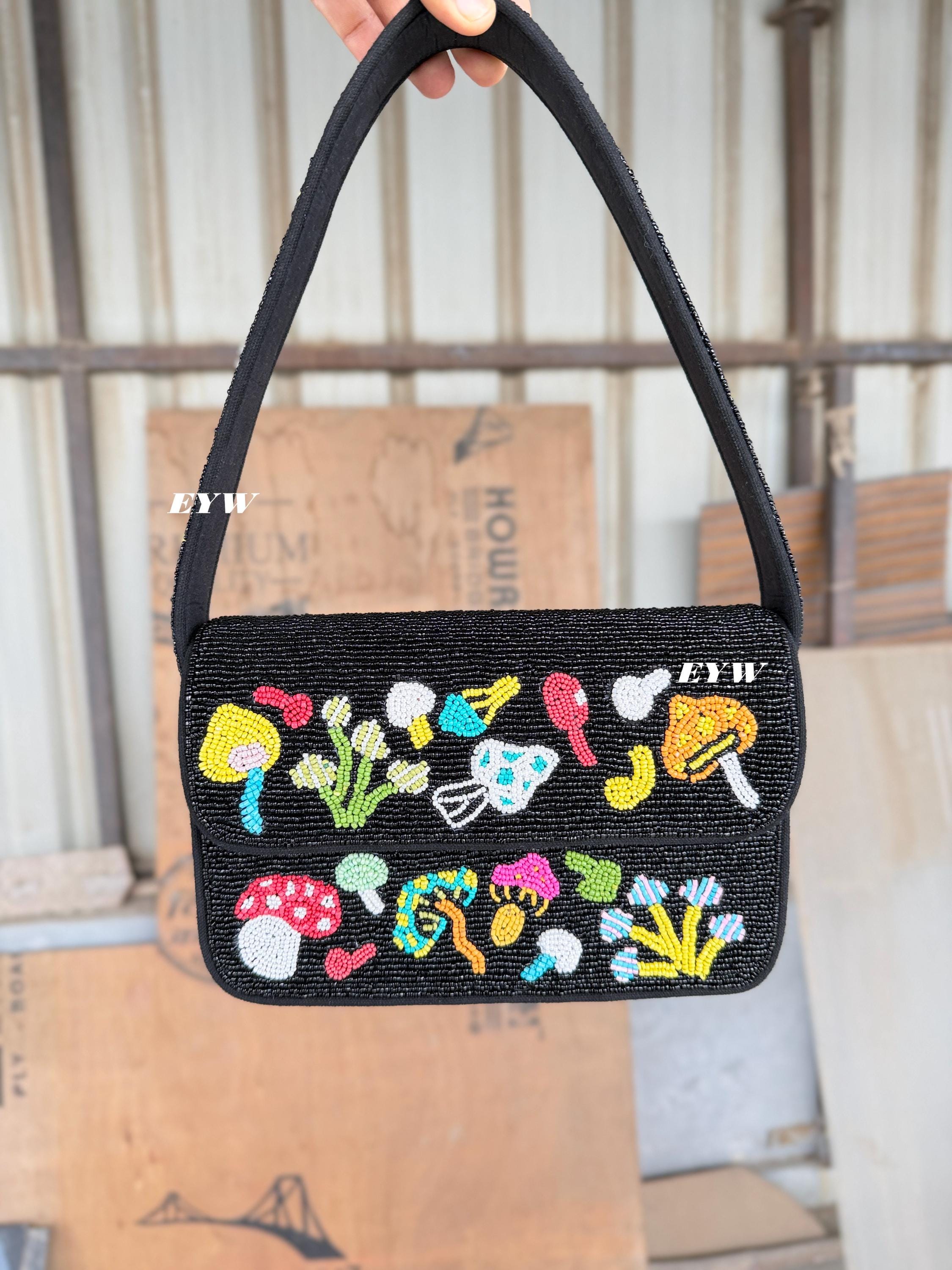 Handmade Beaded Mushroom Shoulder Bag Black Purse,Whimsical Cottagecore Statement Bag Fashoin Accessory,Artisan .