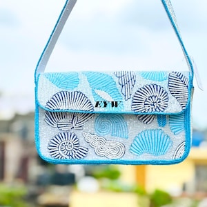 Beaded SHELL Handbad|Embroidered Handmade Beaded Shoulder Light Blue Beaded Clutch|Embroidered  Vacation Bag.