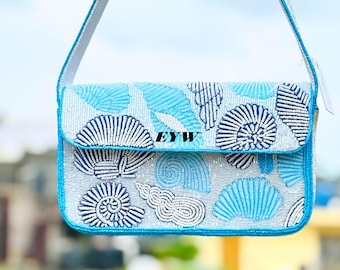 Beaded SHELL Handbad|Embroidered Handmade Beaded Shoulder Light Blue Beaded Clutch|Embroidered  Vacation Bag.