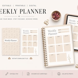 Op de afbeelding: Een digitale weekplanner met een minimalistisch ontwerp. De afbeelding toont een spiraalgebonden notitieboek, een tablet en afgedrukte pagina's, die allemaal de lay-out van de planner weergeven. De tekst "Weekly Planner" is zichtbaar, samen met de zin "Plan je week. Blijf gefocust. Bereik meer."