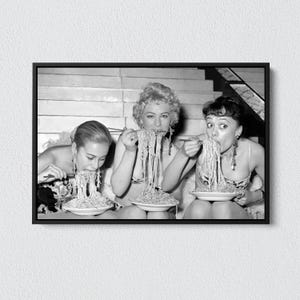 Vintage Woman Eating Spaghetti Print: Black and White Photography, Dining Room Decor