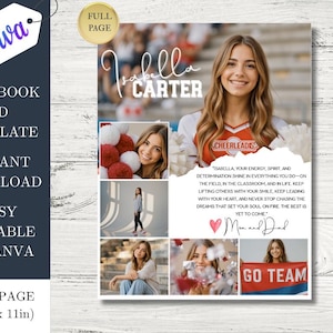 Può includere: Modello di annuncio per l'annuario con il nome "Isabella Carter" e la parola "Cheerleaders". L'annuncio include più foto di una giovane donna, testo e le parole "Go Team". Il modello è 21,6 cm x 27,9 cm.