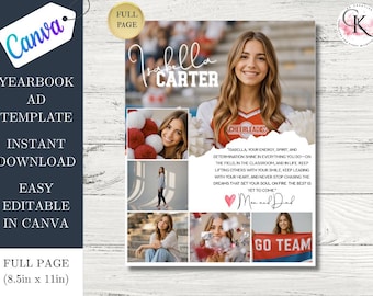 May include: Yearbook ad template with the name "Isabella Carter" and the word "Cheerleaders". The ad includes multiple photos of a young woman, text, and the words "Go Team". The template is 8.5in x 11in.