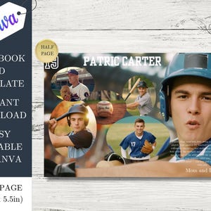 Puede incluir: Plantilla de anuncio de anuario de media página con temática de béisbol. El diseño presenta un collage de jugadores de béisbol, una pelota de béisbol y el nombre "Patric Carter". La plantilla de Canva mide 21,6 x 14 cm y es fácil de editar.