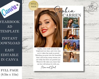 May include: Yearbook ad template in Canva, featuring a large photo of a woman with red lipstick, and smaller photos. The text includes "Sophia Carren" and a message from "Mom and Dad". The full page size is 21.6cm x 27.9cm.