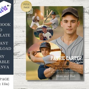 Puede incluir: Plantilla de anuncio de anuario con tema de béisbol. El diseño presenta un retrato central de un joven con uniforme de béisbol, rodeado de imágenes más pequeñas de él jugando al béisbol. El texto incluye el nombre "Patric Carter" y las palabras "Mom and Dad".