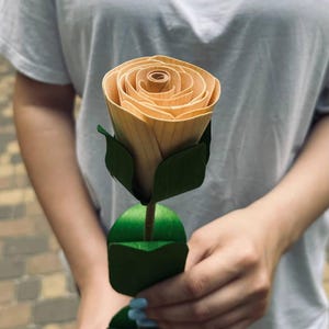 Handcrafted Wooden Rose — Eternal Flower Gift, Sustainable Wood Rose with Green Leaves, Anniversary or Romantic Gift Idea