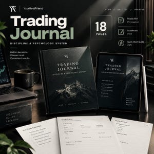 May include: A black trading journal with a mountain graphic, featuring the text Trading Journal Discipline & Psychology System. Includes a tablet displaying the same cover, loose-leaf pages with trade entry and checklist forms, and a black mug.