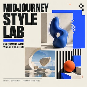 May include: A graphic design poster titled MIDJOURNEY STYLE LAB EXPERIMENT WITH VISUAL DIRECTION. It features a blue abstract sculpture, a floating rock over a pool, and an orange sphere against black and white vertical stripes.