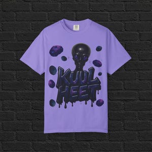 Alien Skull T-Shirt, White Streetwear Graphic Shirt, Purple Asteroids Space Drip Tee, Alien Sci-Fi Urban Fashion