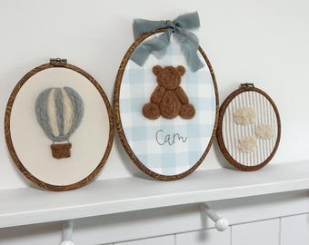 Personalized Needle Felt Nursery Wall Decor Set of 3 | Custom Baby Name Hoop Art | Teddy Bear, Hot Air Balloon & Clouds | Neutral Nursery De