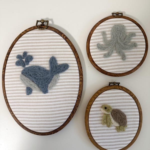 Under the Sea Needle Felt Wall Art Set – Whale, Turtle, and Octopus (3 Embroidery Hoops)