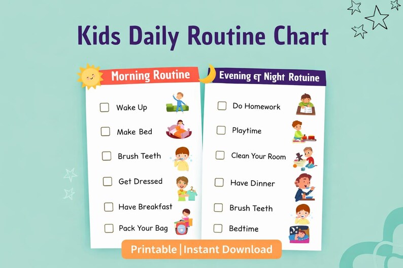 Kids Daily Routine Chart Printable | Morning & Bedtime Schedule for ...
