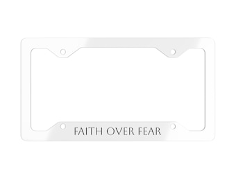 Cornice portatarga "Fede contro la paura" / Accessorio per auto in alluminio bianco con messaggio motivazionale