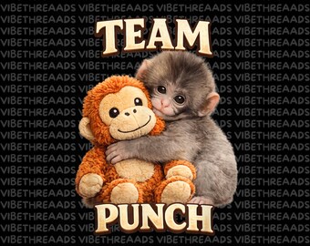 May include: A digital image shows a gray monkey embracing an orange plush monkey. The words "TEAM" and "PUNCH" are in a brown, vintage-style font. The background is black with the repeated text "VIBETHREAADS".