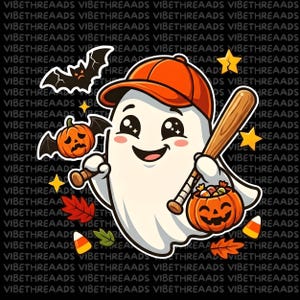 May include: A cartoon ghost wearing an orange baseball cap, holding a wooden baseball bat and a jack-o'-lantern candy bucket. The ghost is surrounded by a bat, a small pumpkin, yellow stars, autumn leaves, and candy corn on a black background.