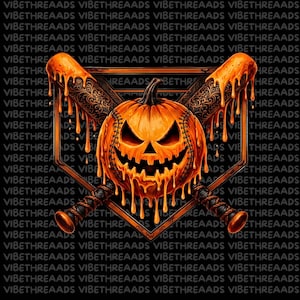 May include: A graphic design featuring a carved jack-o'-lantern pumpkin with baseball stitching, positioned in front of two crossed baseball bats. The pumpkin and bats are covered in dripping orange liquid, set against a dark pentagonal frame.