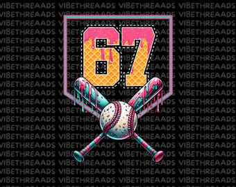 Baseball Drip PNG, Player Number 67 Sublimation Design, 67th Birthday Baseball T-Shirt Graphic, Sports Clipart PNG
