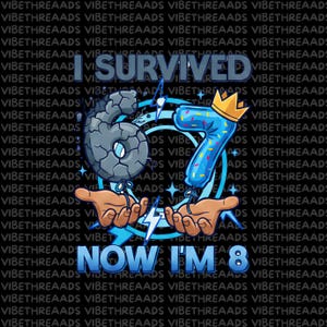 I Survived 6 7 Now I'm 8 PNG, Funny 8th Birthday Boy Sublimation Design, Kids Birthday Party T-Shirt Clipart, DTF Transfer