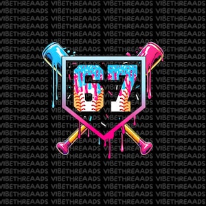 May include: A graphic design featuring a baseball-themed shield with the number 67 in a dripping, colorful style. Two crossed baseball bats and the text "VIBETHREAADS" are also visible on a black background.