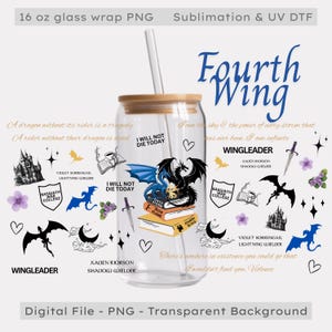 16oz glazen beker wrap PNG vierde vleugel digitaal bestand, leesgrage mok wrap, voor UV DTF, cadeau fantasie boekliefhebber, Booktok, Iron Flame Onyx Storm