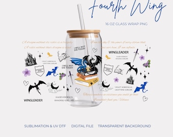 16oz Glass Cup Wrap PNG Fourth Wing Digital File, Bookish Mug Wrap, For UV DTF, Fantasy Book Lover Gift, Booktok, Iron Flame Onyx Storm