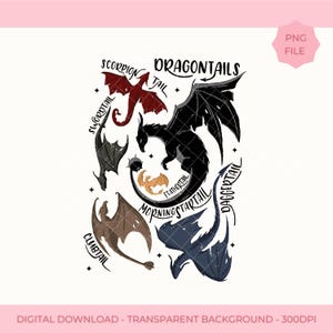 Può includere: Un'illustrazione digitale che mostra varie sagome di draghi in nero, rosso, marrone e arancione. Il testo DRAGONTAILS è in alto, con etichette tra cui SCORPION TAIL, SWORDTAIL, FEATHERTAIL, MORNINGSTAR TAIL, DAGGERTAIL e CLUBTAIL.
