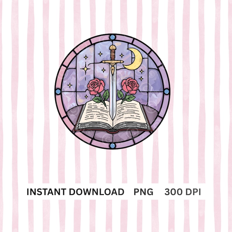 Op de afbeelding: Een cirkelvormig glas-in-lood ontwerp met een zwaard, een open boek, rozen, maan en sterren. Het ontwerp staat tegen een paarse en roze achtergrond met een zwarte rand. De tekst "INSTANT DOWNLOAD PNG 300 DPI" staat onderaan.