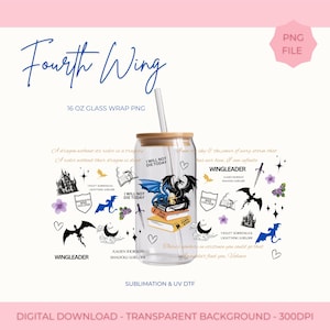 May include: A 16 oz glass tumbler with a bamboo lid and straw, featuring a wrap-around design with black and blue dragon illustrations, stacked books, swords, castles, and text including Fourth Wing, I Will Not Die Today, and Wingleader.