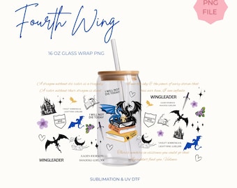 16oz Glass Cup Wrap PNG Fourth Wing Digital File, Bookish Mug Wrap, For UV DTF, Fantasy Book Lover Gift, Booktok, Iron Flame Onyx Storm