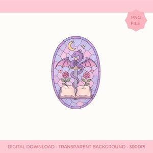 May include: An oval digital illustration featuring a purple dragon coiled around a sword that is embedded in an open book. The scene is framed by a stained glass pattern with two pink roses, a crescent moon, and small hearts in pastel tones.