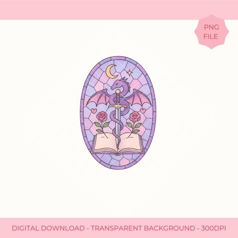 May include: An oval digital illustration featuring a purple dragon coiled around a sword that is embedded in an open book. The scene is framed by a stained glass pattern with two pink roses, a crescent moon, and small hearts in pastel tones.