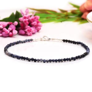 May include: A fine bracelet composed of small, dark blue, faceted beads. The bracelet is secured with a silver clasp and a delicate chain. The background features pink flowers and green foliage, providing a soft, natural backdrop.