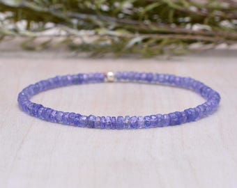 Dainty Tanzanite Stretch Bracelet, Delicate Small Faceted Beads December Birthstone Jewelry