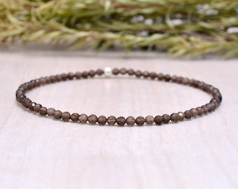 Smoky Quartz Stretch Bracelet, Delicate Beaded Brown Gemstone Jewelry Jewelry