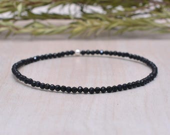 Dainty Black Tourmaline Stretch Bracelet, Ultra Delicate Faceted Beaded Gemstone Jewelry