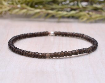Smoky Quartz Stretch Bracelet, Delicate Beaded Brown Gemstone Jewelry Jewelry
