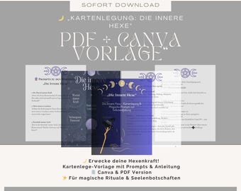 May include: Digital download with the text "Die innere Hexe" and "PDF + Canva Vorlage". The design includes illustrations of moons, stars, and a witch's staff. The text "Erwecke deine Hexenkraft!" is also visible.