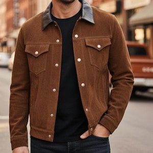 Chaqueta Scully de ante marrón para hombre - Chaqueta de ante marrón - Camisa de ante marrón para hombre - Chaqueta de cuero para hombre