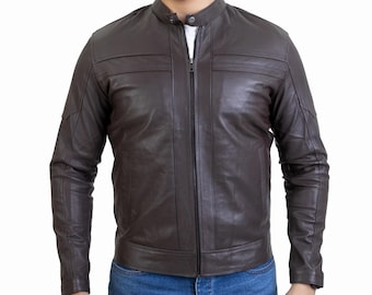 Brown Leather Cafe Racer Jacket for Men – Vintage Slim Fit Motorcycle Biker Coat, Classic Retro Riding Outerwear