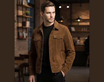 Men's Vintage Brown Suede Trucker Jacket | Classic Tan Leather Shirt Jacket | Premium Suede Outerwear | Gift for Him