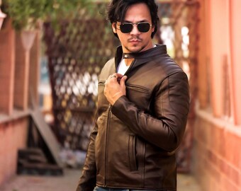 Classic Brown Genuine Leather Motorcycle Jacket for Men – Stylish Slim Fit Biker Outerwear with Modern Design – Brown Leather Jacket